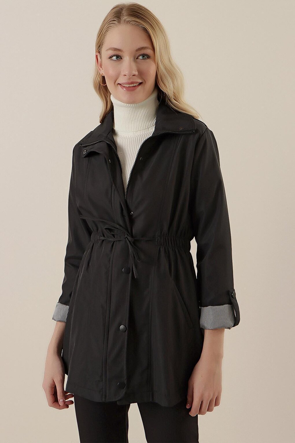 10322 Gathered Waist Trench Coat - Black