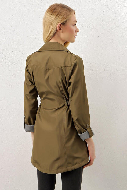 Khaki Zippered Waist Gathered Sleeve Cuffed Trench Coat