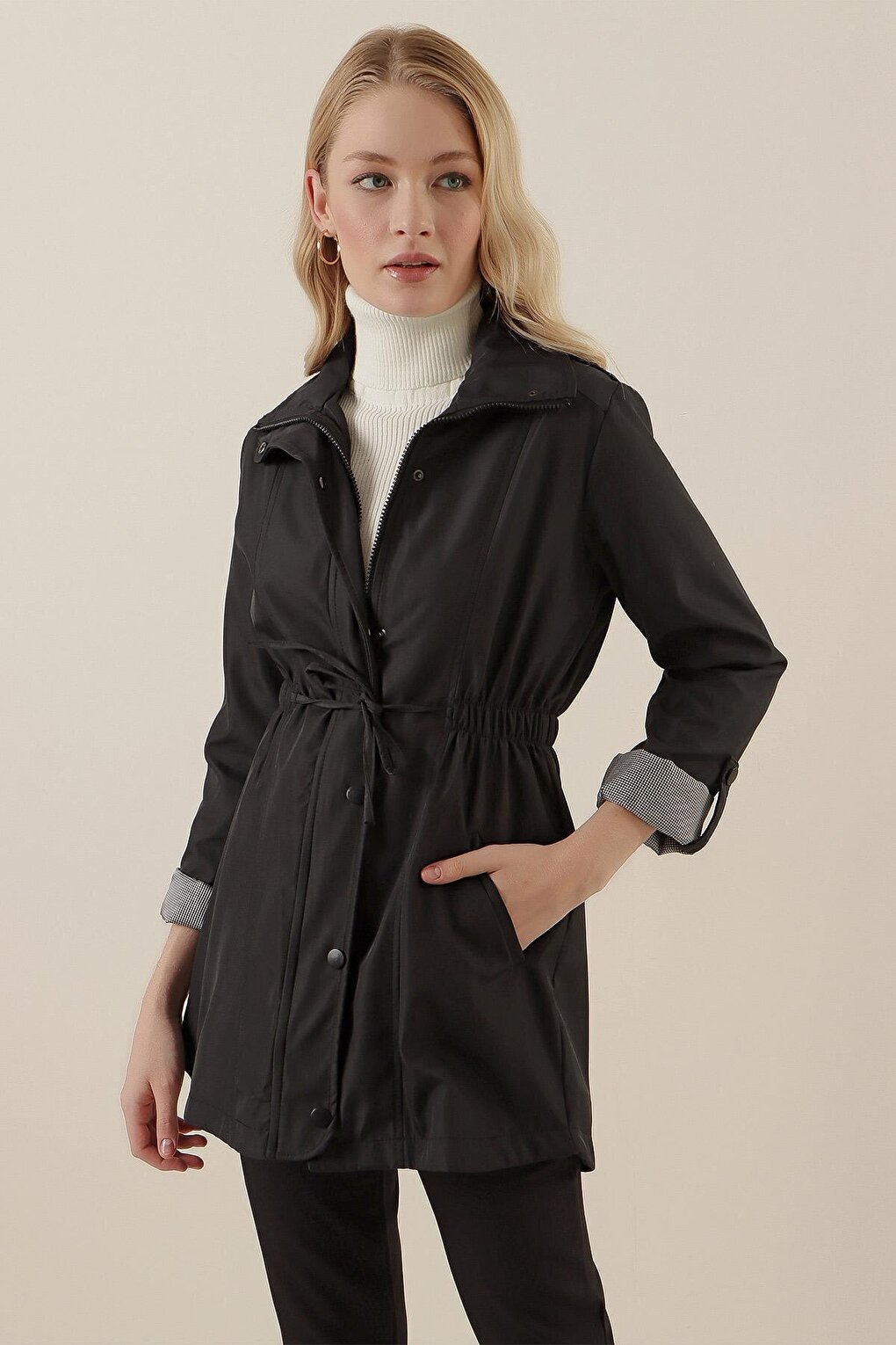 10322 Gathered Waist Trench Coat - Black