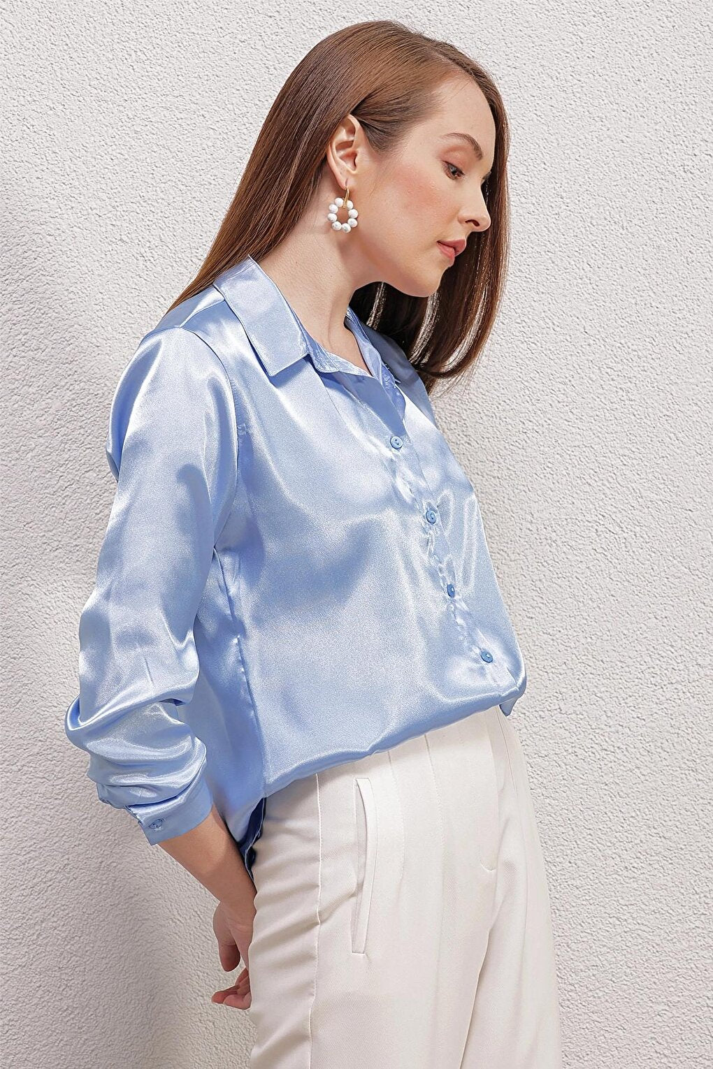 Blue Flowy Viscose Basic Satin Shirt