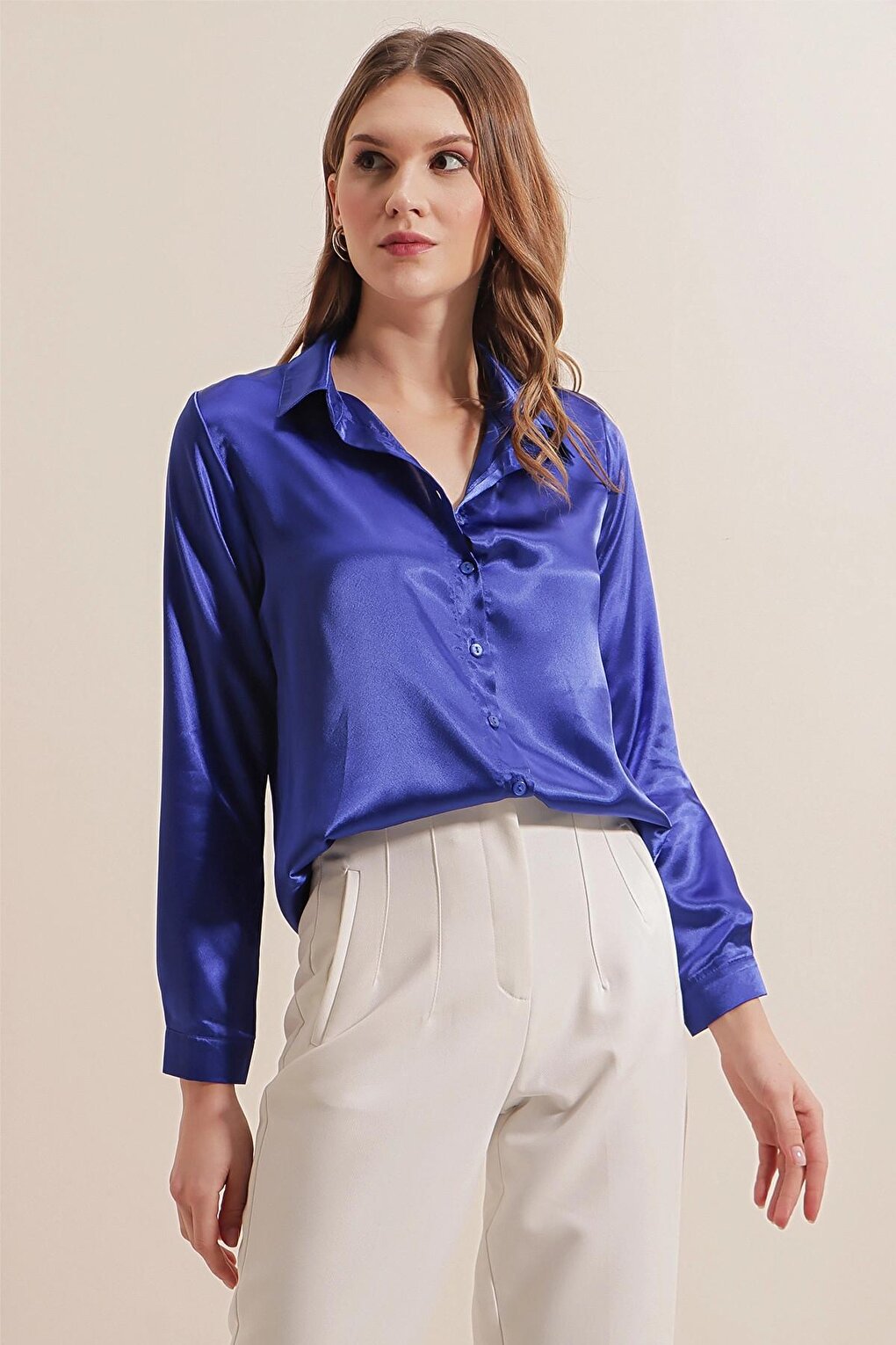 Saks Blue Flowy Viscose Basic Satin Shirt