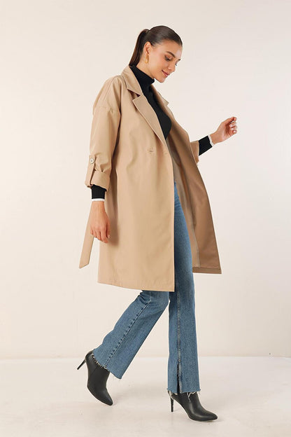 9104 Double Breasted Collar Lined Trench Coat - Beige