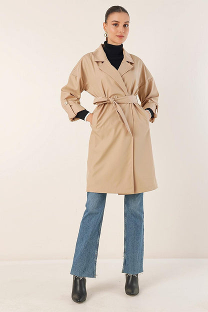 9104 Double Breasted Collar Lined Trench Coat - Beige