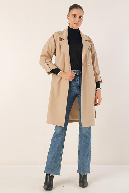 9104 Double Breasted Collar Lined Trench Coat - Beige