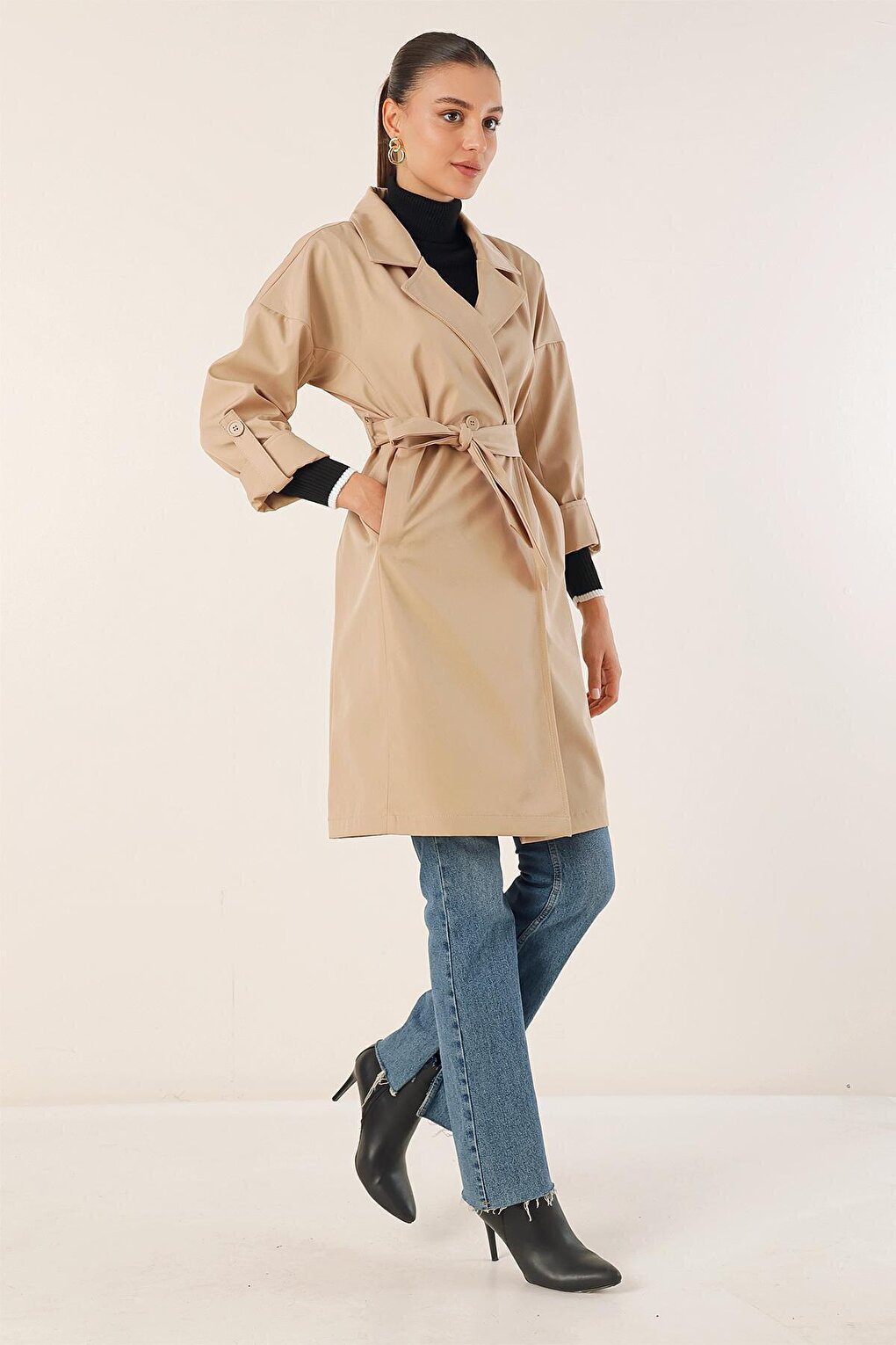 9104 Double Breasted Collar Lined Trench Coat - Beige