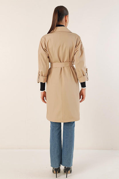 9104 Double Breasted Collar Lined Trench Coat - Beige