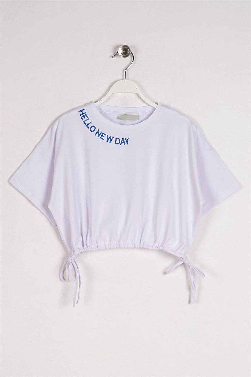 Girl's White Colored Hello New Day Written T-Shirt with Waist Tie