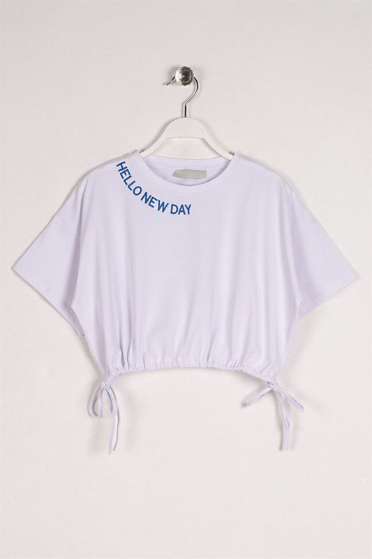 Girl's White Colored Hello New Day Written T-Shirt with Waist Tie