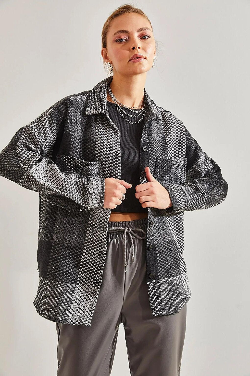 Women's Plaid Pattern Double Pocket Cashmere Lumberjack Shirt