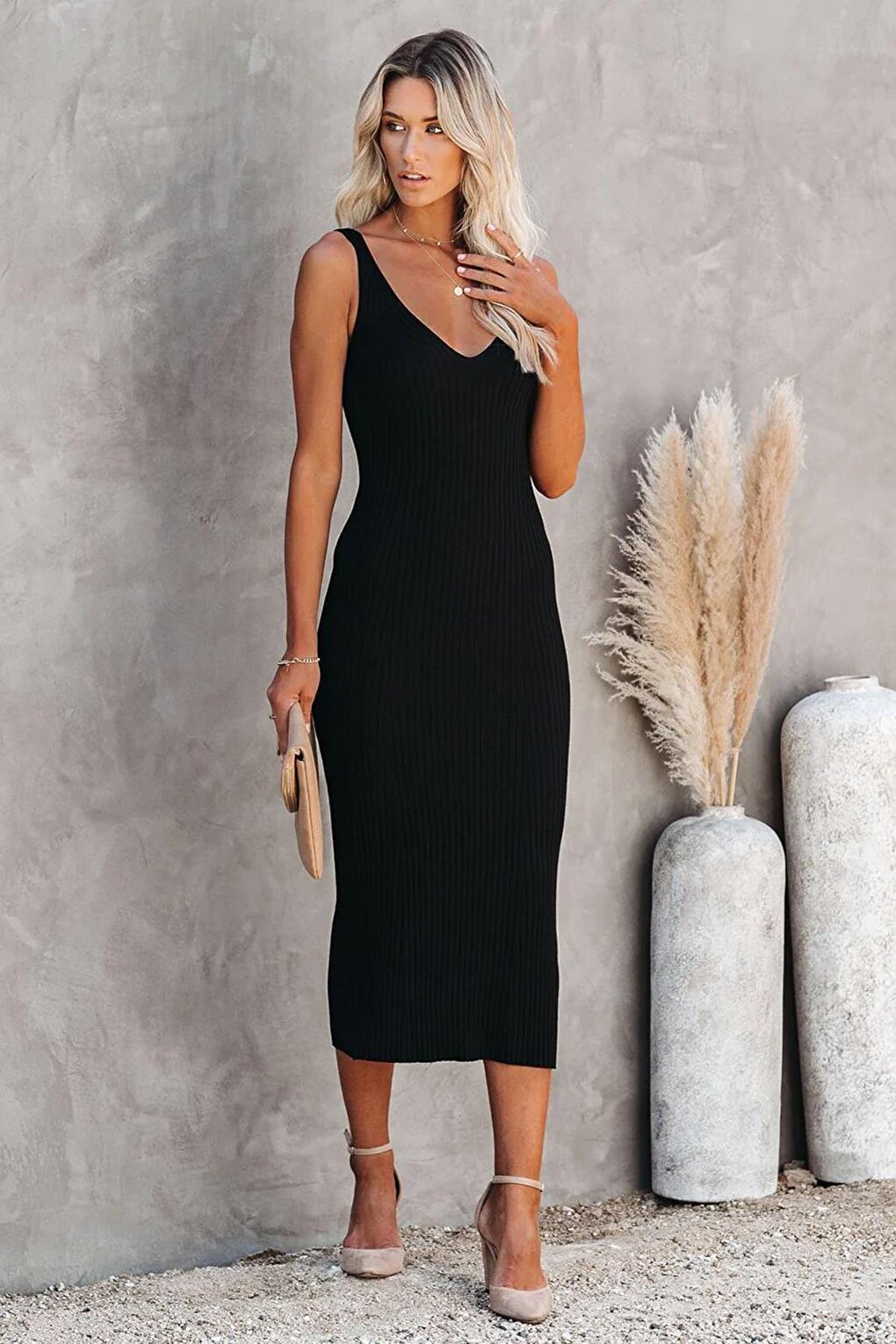 Black V-Neck Strap Knitwear Long Dress MG1724