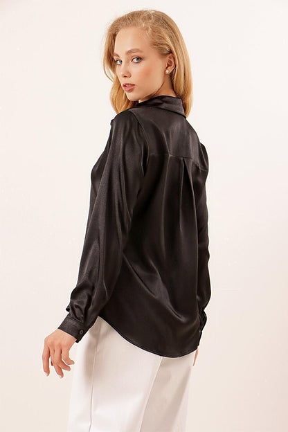 3964 Lightly Flowing Satin Shirt - D. Black