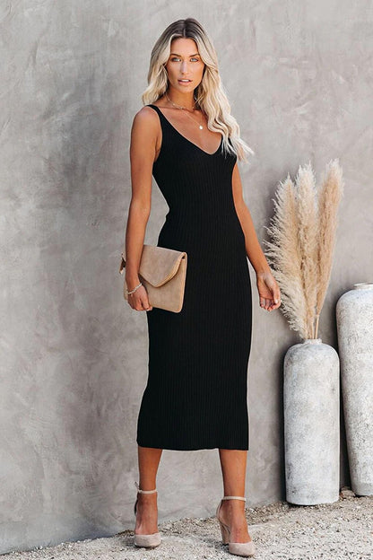 Black V-Neck Strap Knitwear Long Dress MG1724