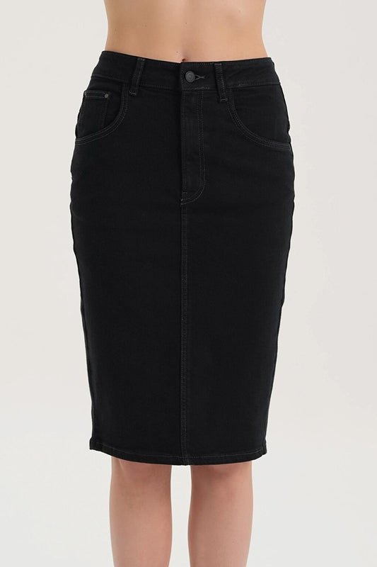 Black High Waist Zippered Slit Flexible Women's Jean Skirt