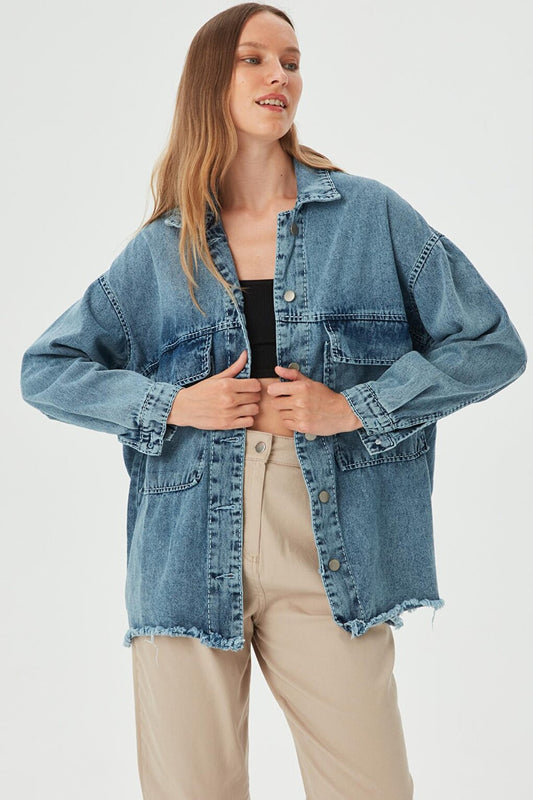 Women's Blue Garni Stitching Detailed OVersize Denim Jacket