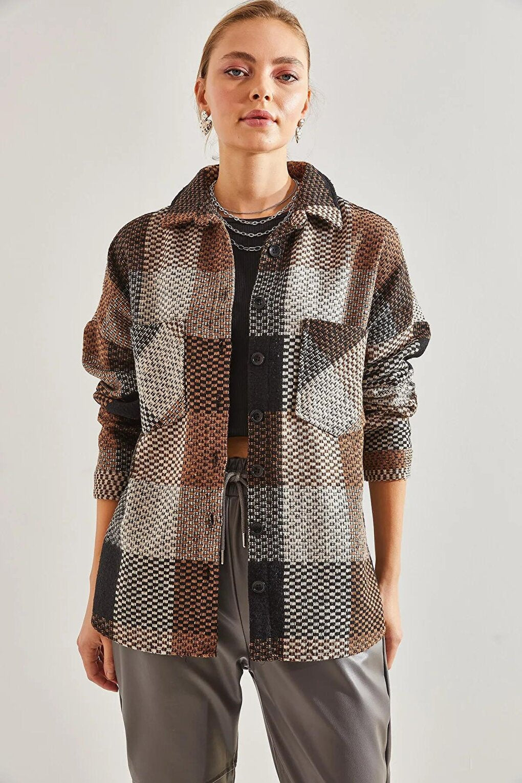 Women's Plaid Pattern Double Pocket Cashmere Lumberjack Shirt