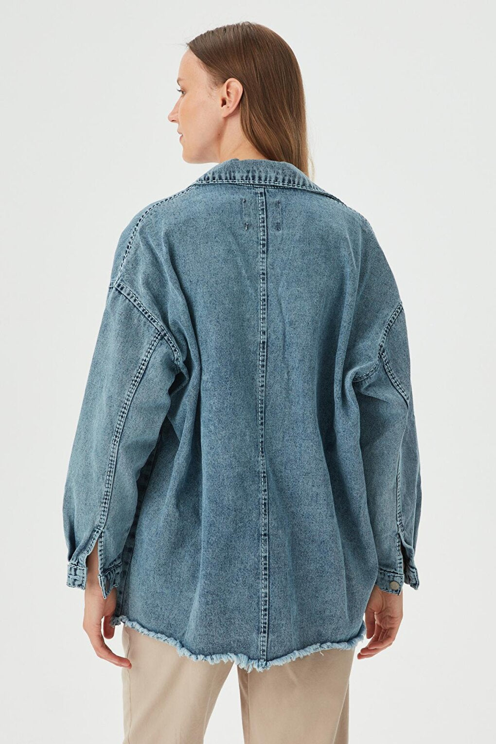 Women's Blue Garni Stitching Detailed OVersize Denim Jacket