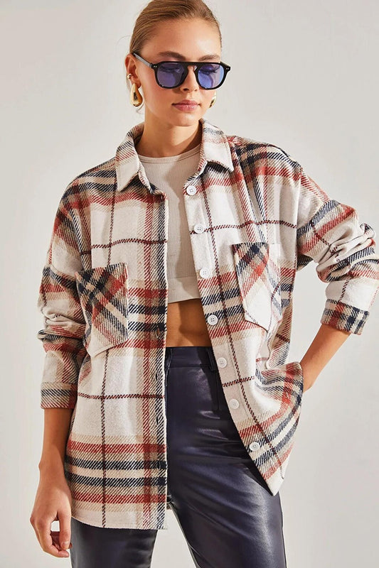 Women's Plaid Pattern Double Pocket Cashmere Lumberjack Shirt