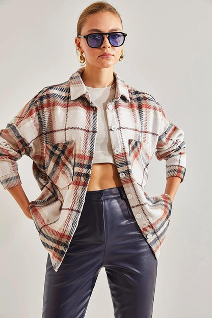 Women's Plaid Pattern Double Pocket Cashmere Lumberjack Shirt