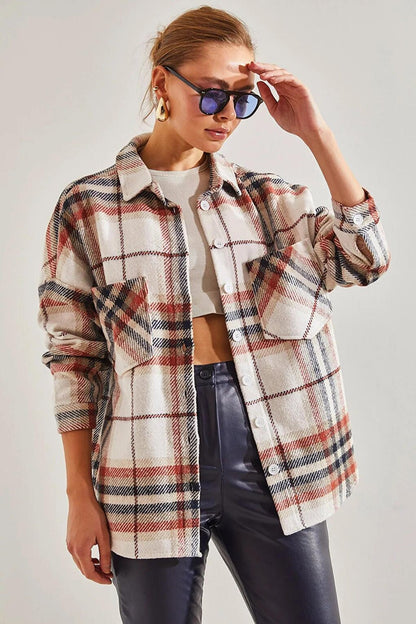 Women's Plaid Pattern Double Pocket Cashmere Lumberjack Shirt