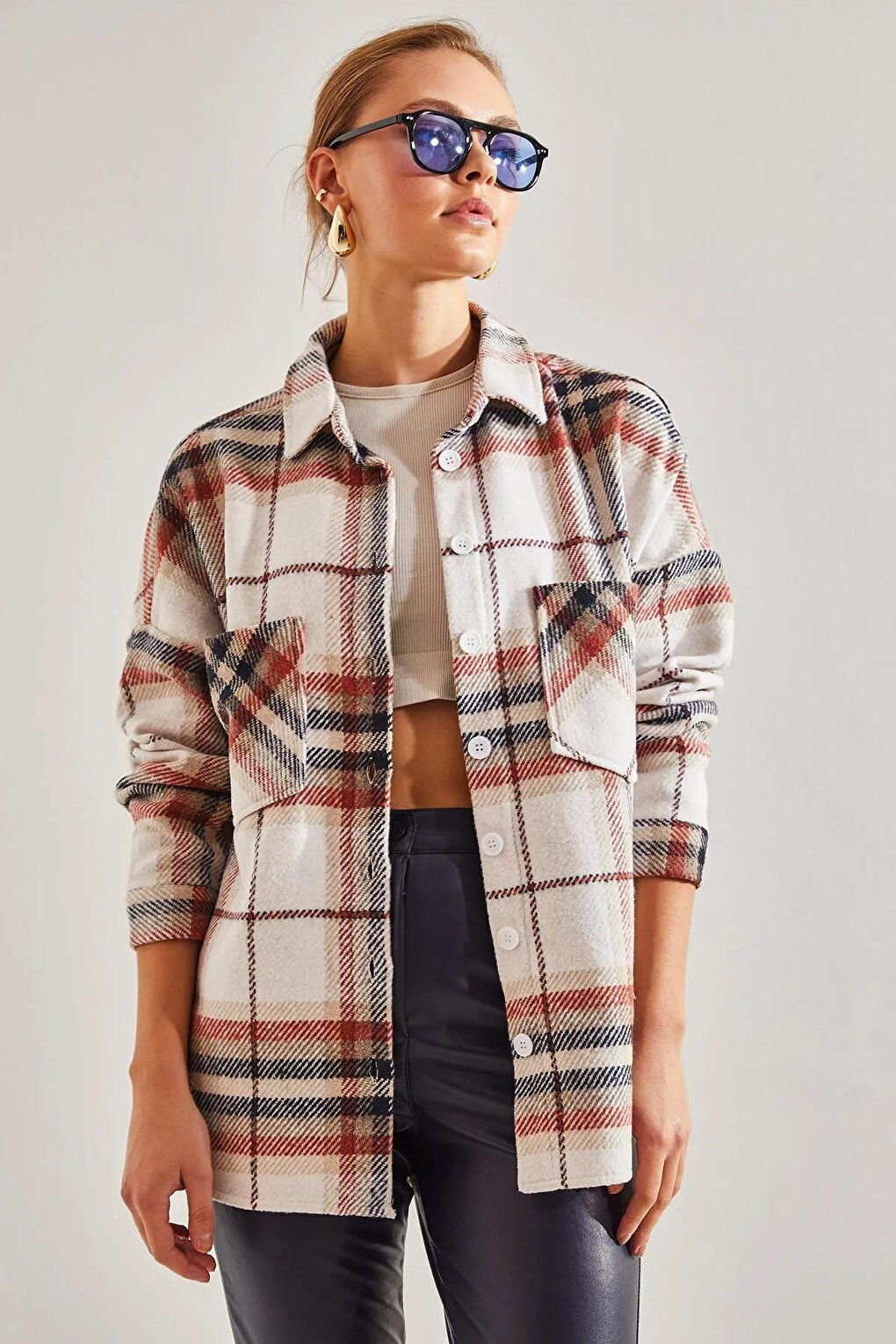 Women's Plaid Pattern Double Pocket Cashmere Lumberjack Shirt