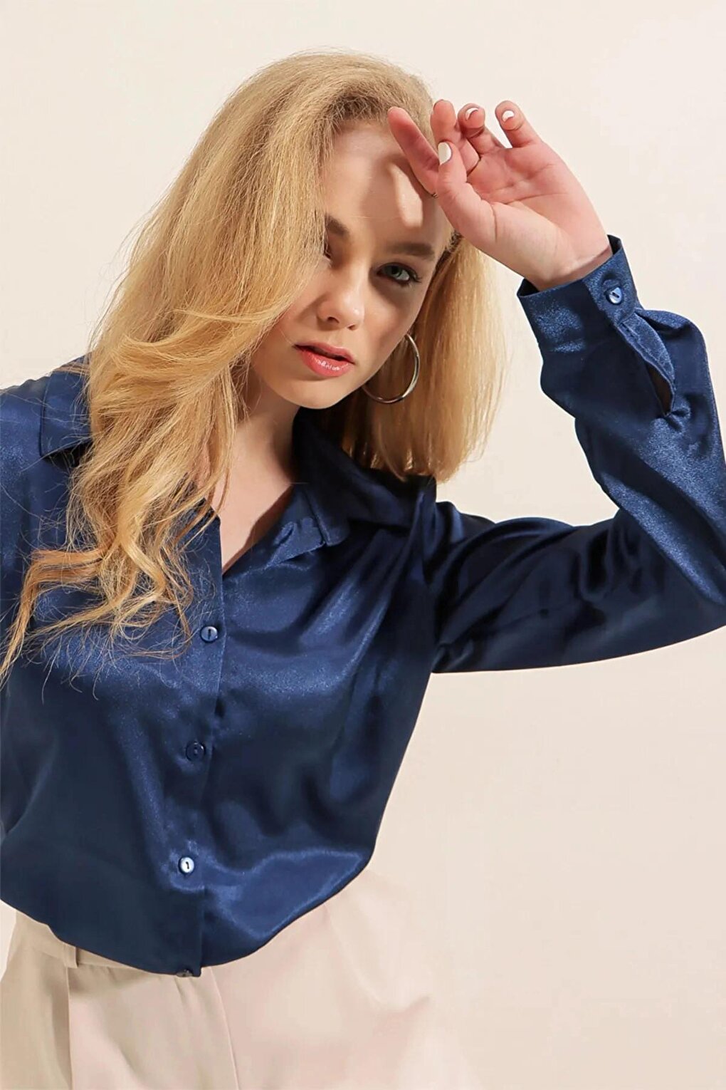 Navy Blue Draped Viscose Basic Satin Shirt