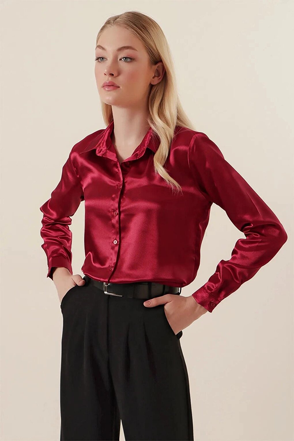 Claret Red Draped Viscose Basic Satin Shirt