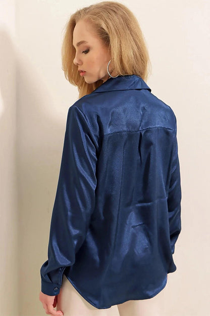 Navy Blue Draped Viscose Basic Satin Shirt