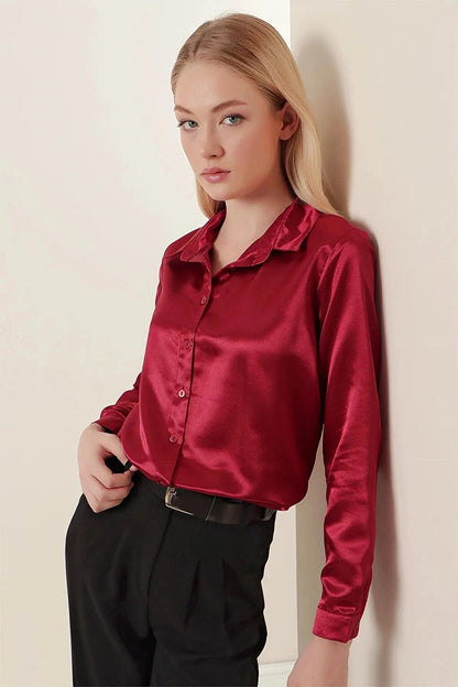 Claret Red Draped Viscose Basic Satin Shirt