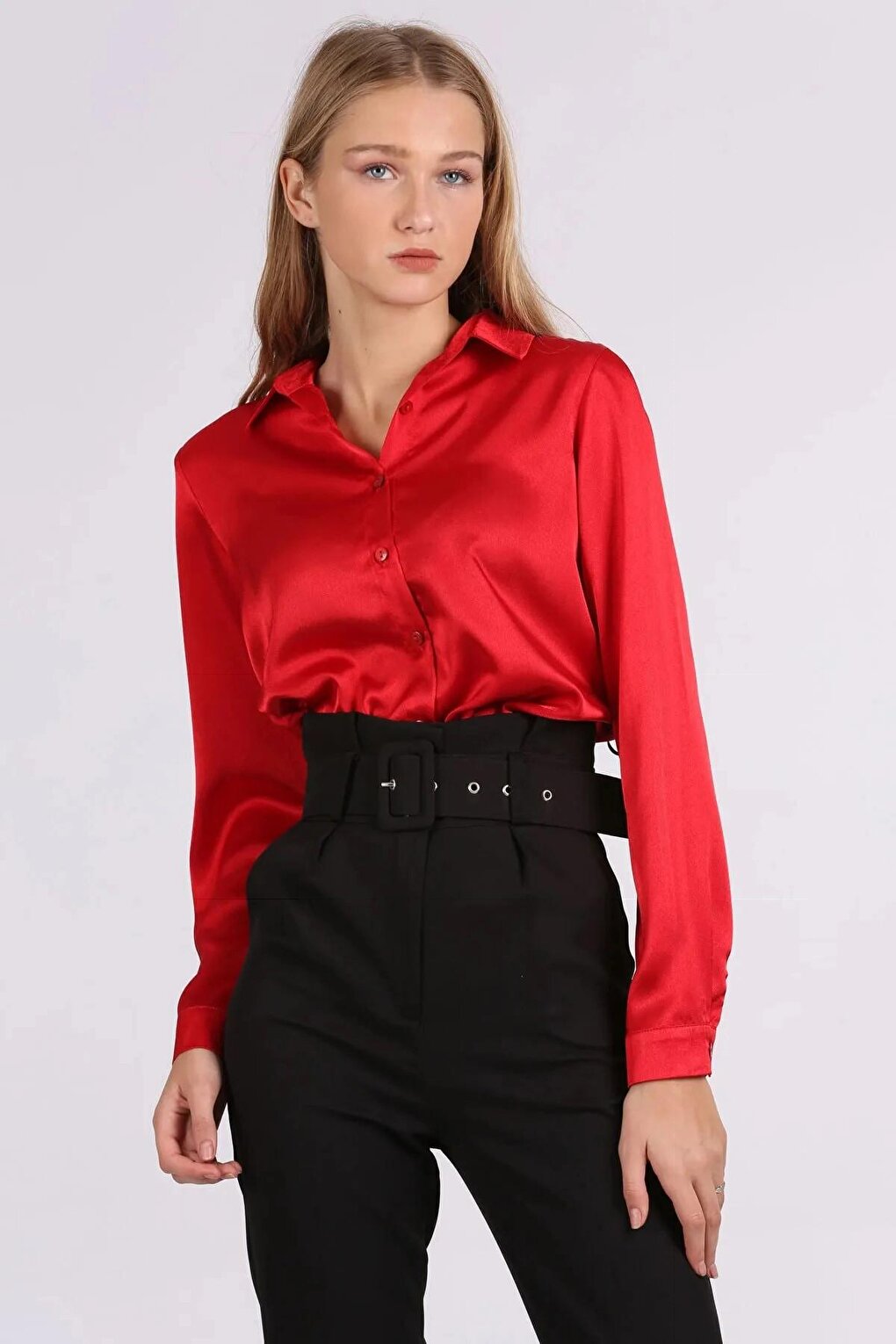 Red Flowy Viscose Basic Satin Shirt