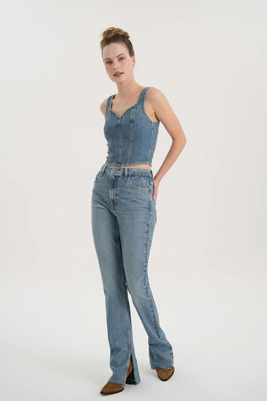 Light Blue Tint Slim Straight Slit Leg Buttoned Jean Trousers C 4556-020