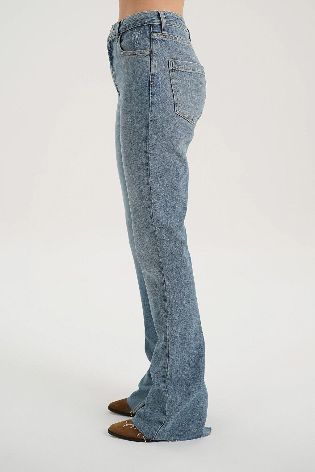 Light Blue Tint Slim Straight Slit Leg Buttoned Jean Trousers C 4556-020