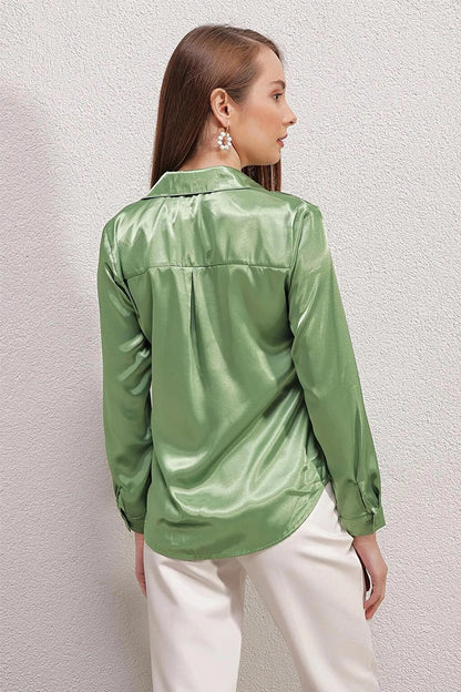 Green Draped Viscose Basic Satin Shirt