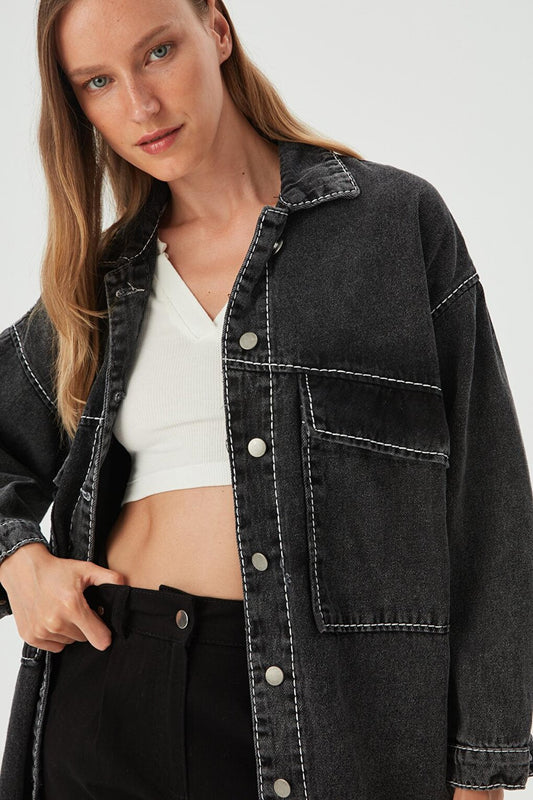 Women's Anthracite Garni Stitching Detailed Oversize Denim Jacket