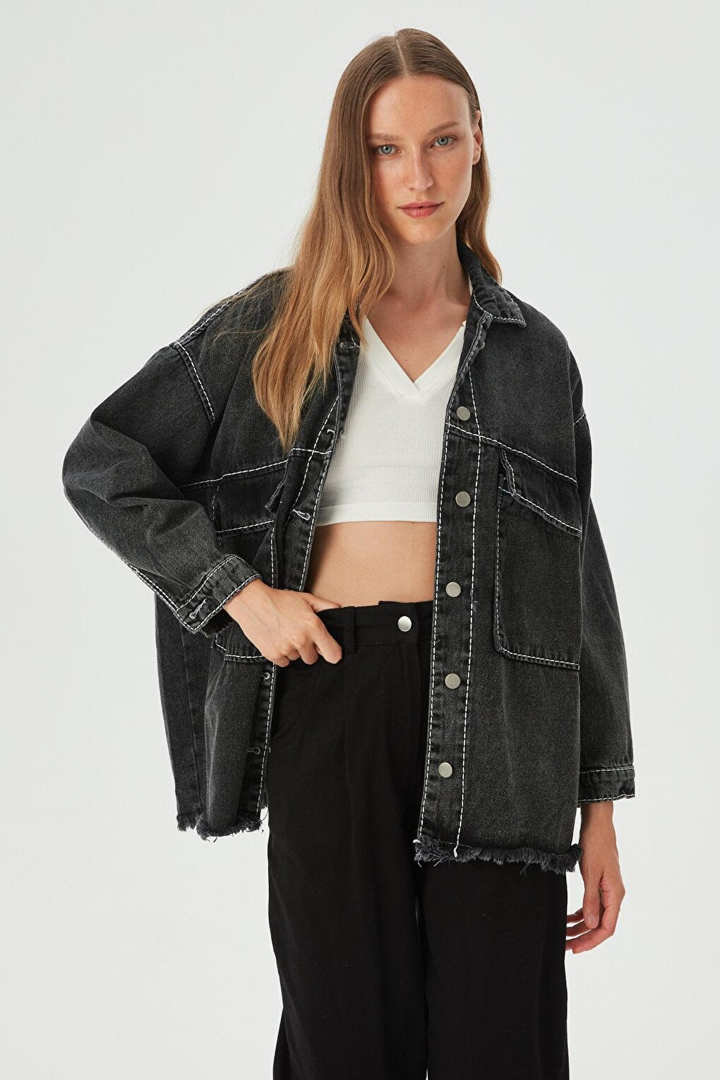 Women's Anthracite Garni Stitching Detailed Oversize Denim Jacket