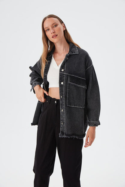 Women's Anthracite Garni Stitching Detailed Oversize Denim Jacket