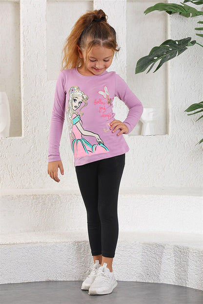 Girl's Lilac Colored Crew Neck Princess Printed Long Sleeve T-Shirt