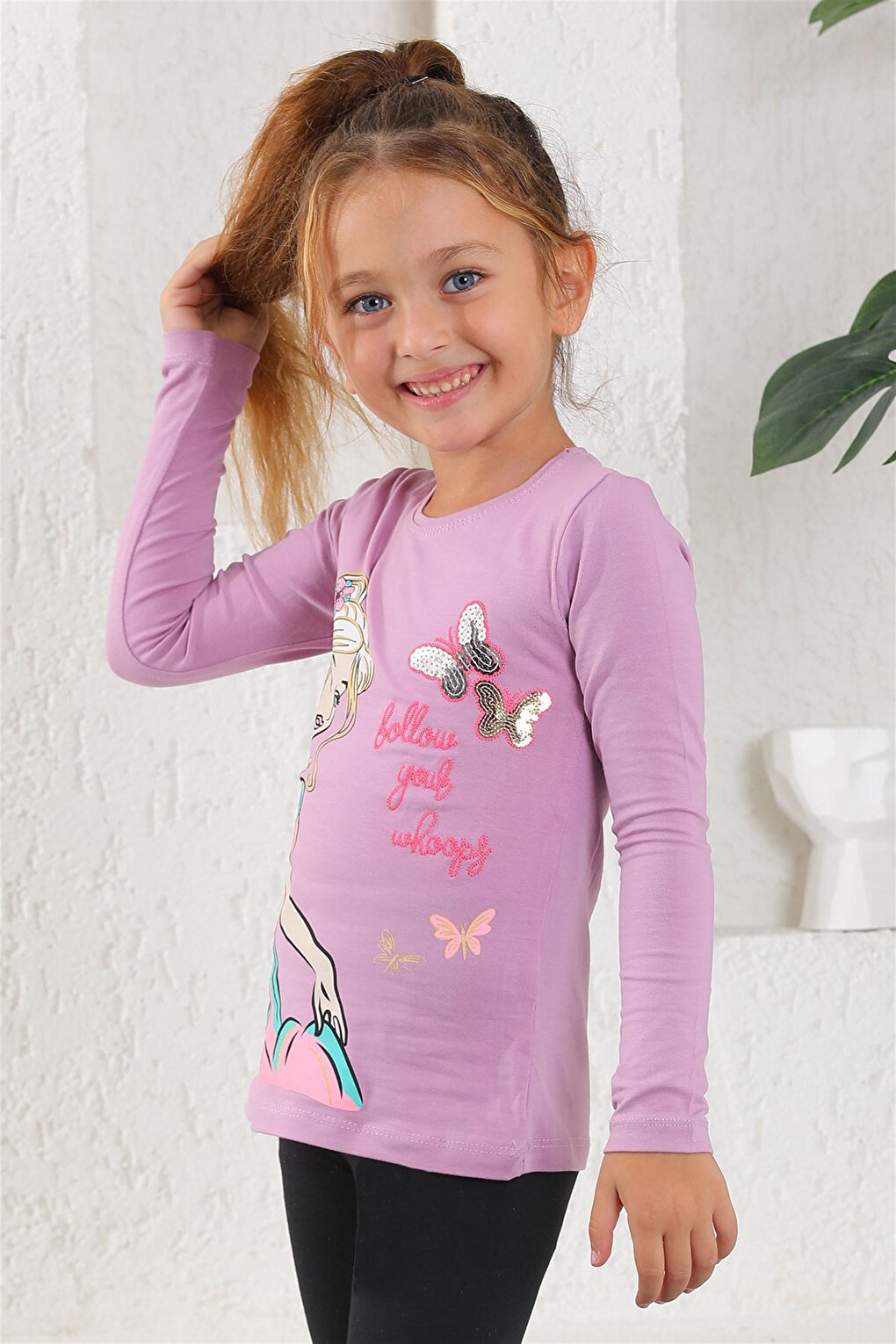 Girl's Lilac Colored Crew Neck Princess Printed Long Sleeve T-Shirt