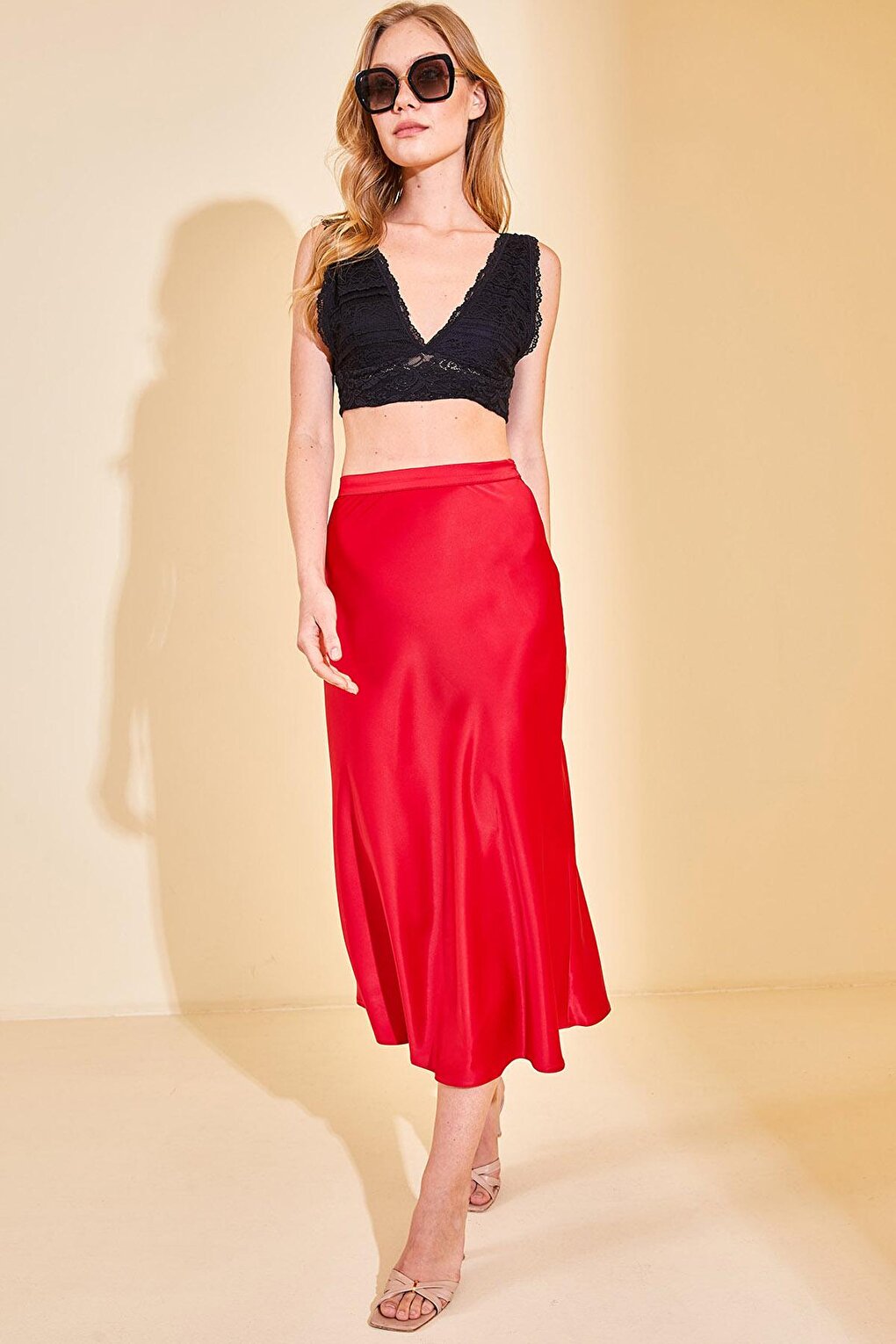 Red Midi Satin Skirt 2YXK7-46329-04