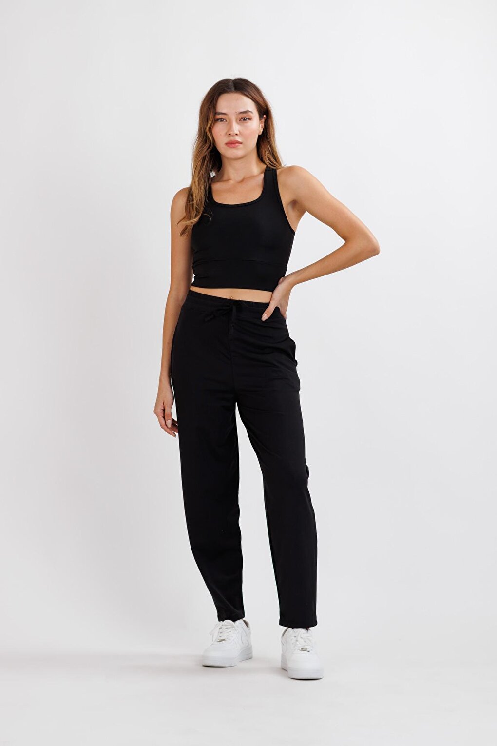 Women's Black Stretchy Carrot Leg Casual Knitted Trousers