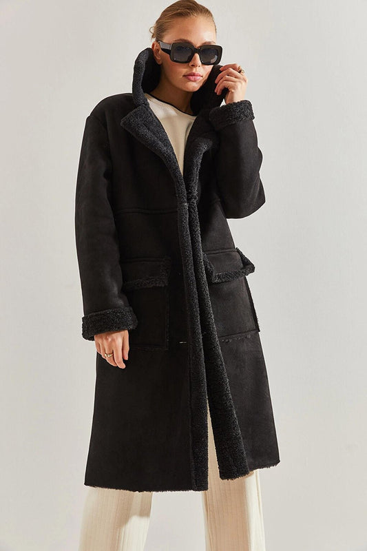 Women's Double Pocket Long Laminated Coat