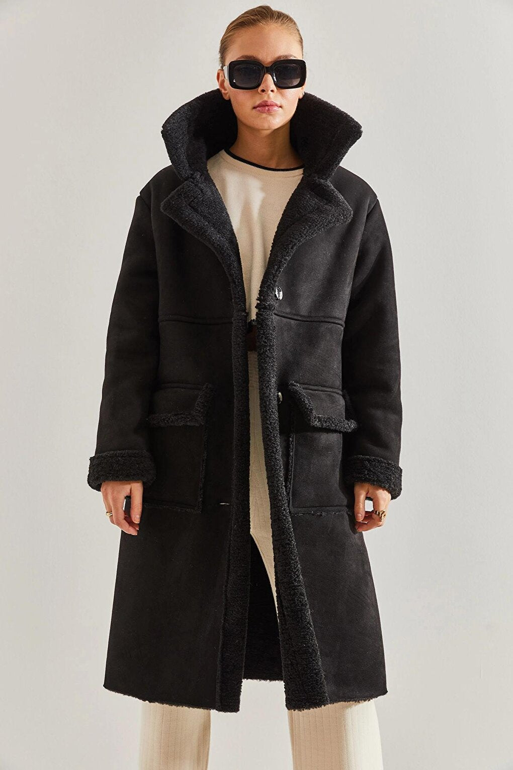 Women's Double Pocket Long Laminated Coat