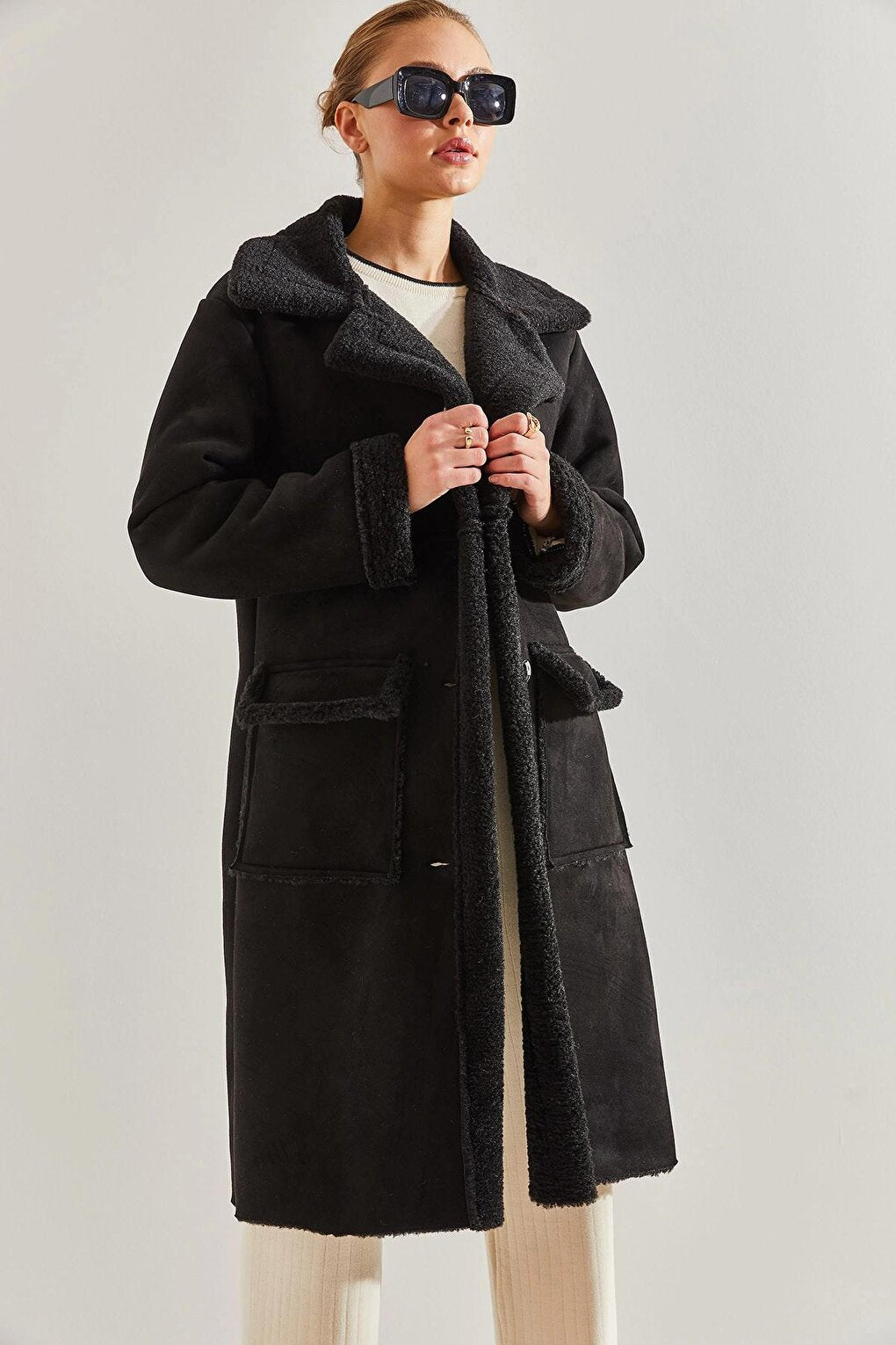 Women's Double Pocket Long Laminated Coat