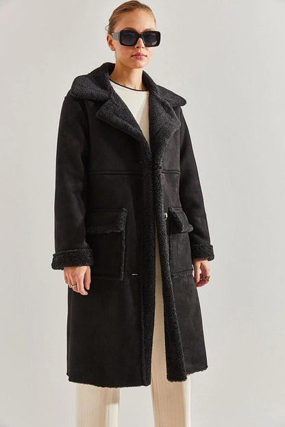 Women's Double Pocket Long Laminated Coat