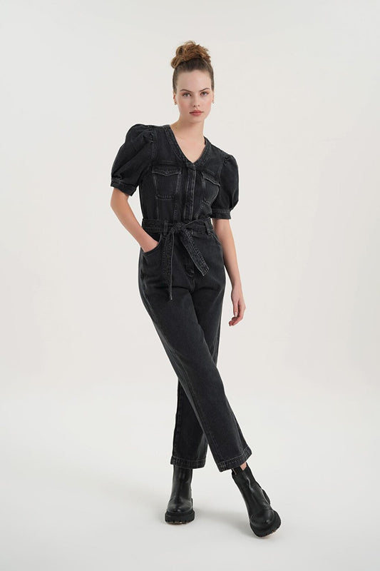 Anthracite Snap Fastener Short Sleeve Buttoned Jean Jumpsuit C 4535-041