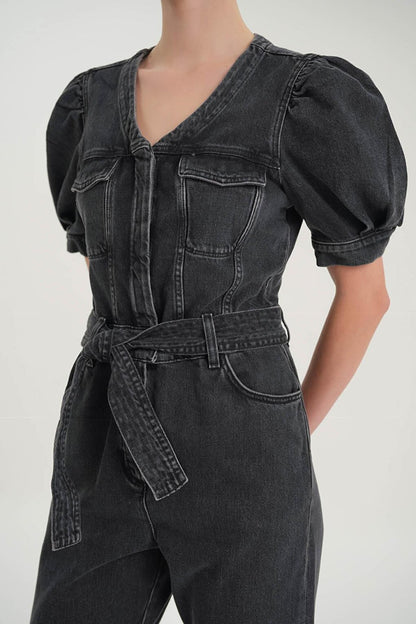 Anthracite Snap Fastener Short Sleeve Buttoned Jean Jumpsuit C 4535-041