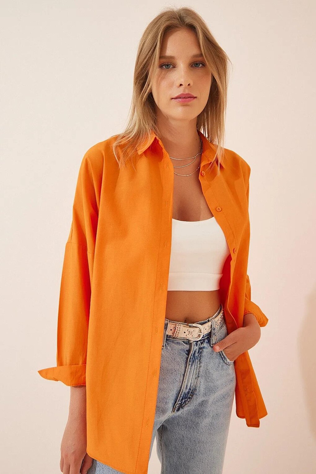 Women's Orange Plain Plain Araboy Basic Oversize Shirt