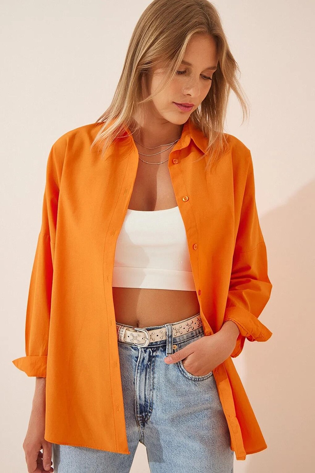 Women's Orange Plain Plain Araboy Basic Oversize Shirt