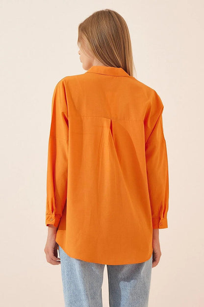 Women's Orange Plain Plain Araboy Basic Oversize Shirt