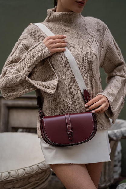 Women's Crossbody Bag with Topstitching Detail - Claret Red