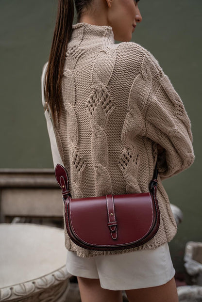 Women's Crossbody Bag with Topstitching Detail - Claret Red